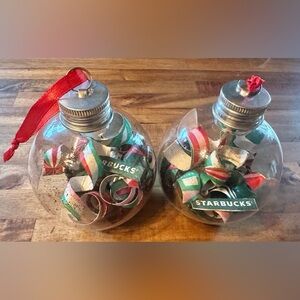 2 Starbucks Festive Ornaments with Red and Green Accents